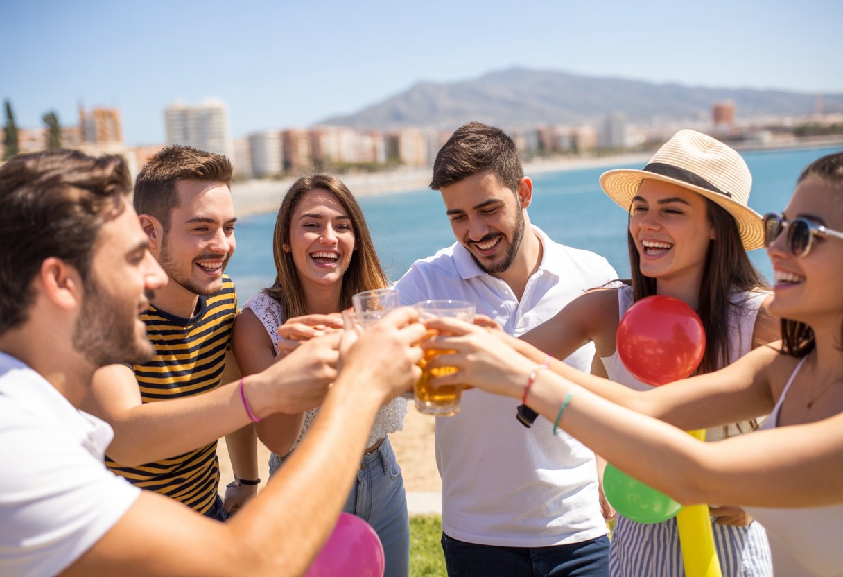Grupo de jóvenes celebrando una despedida al aire libre cerca de la playa en Málaga, con el mar y la ciudad al fondo.