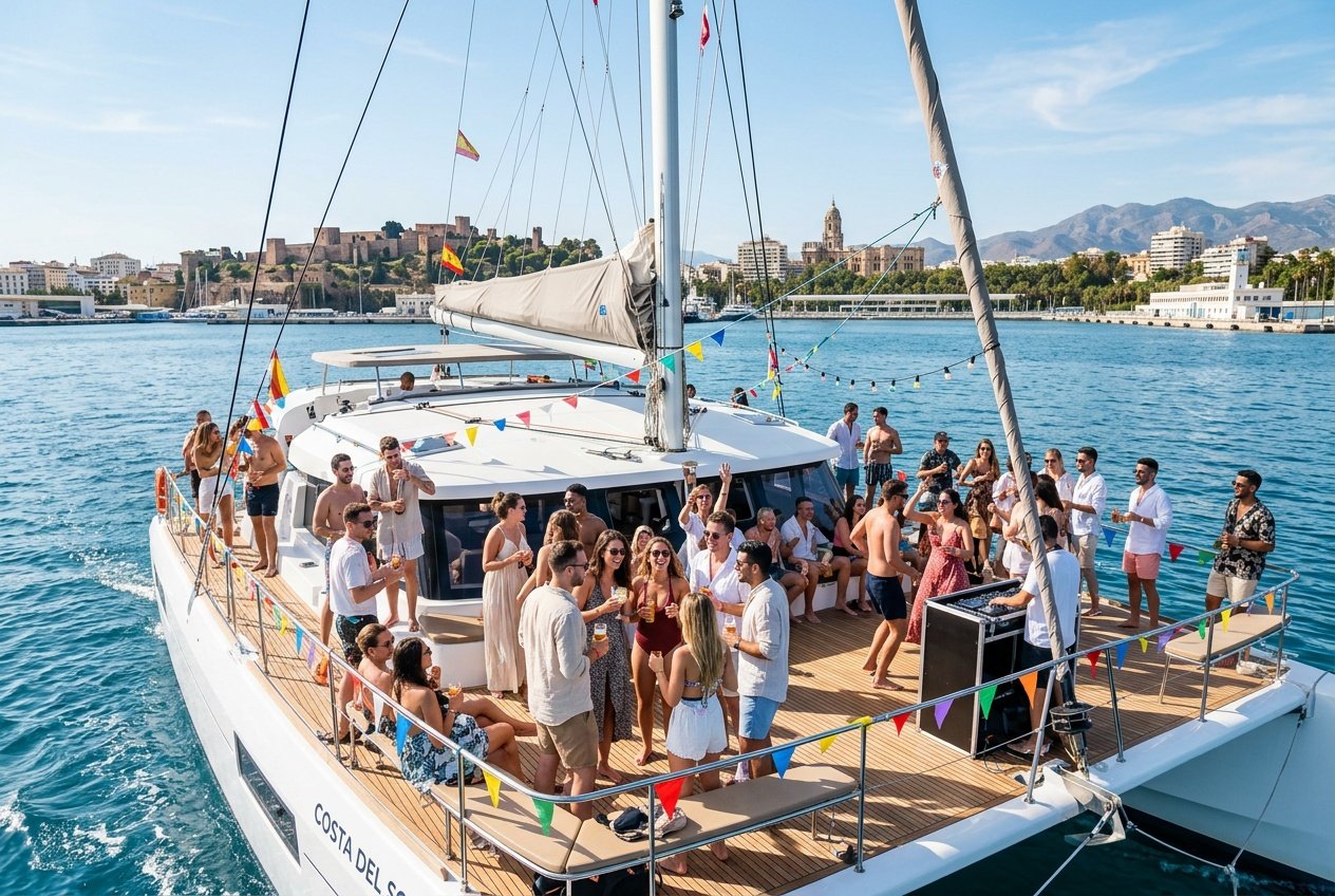 Un grupo de personas disfrutando de una fiesta en un catamarán navegando en el mar cerca de la costa de Málaga bajo un cielo despejado.