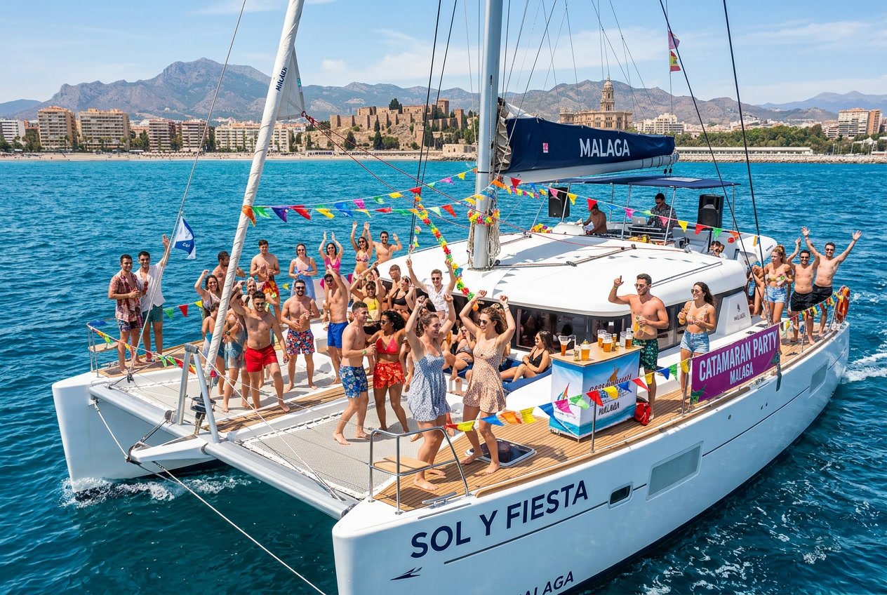 Personas disfrutando de una fiesta en un catamarán en el mar cerca de la costa de Málaga bajo un cielo despejado.